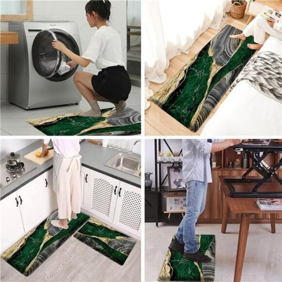 Green Marble Anti Fatigue Kitchen Mat Set Cushioned Waterproof Floor Runner - Picture 6 of 7